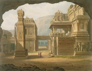 1813 में एलोरा में महान उत्कीर्ण मंदिर, &39;रॉल्स, कॉस्ट्यूम्स एंड आर्किटेक्चर ऑफ इंडिया&39; के खंड I से, जी रावले द्वारा उत्कीर्ण, जी हंट द्वारा उकेरा गया और जेबी हॉगर्थ, पब द्वारा रंगीन। एकरमैन द्वारा, 1826